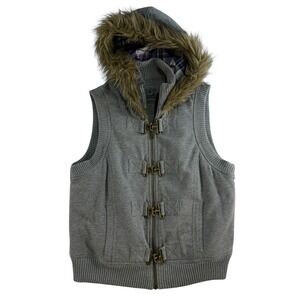 Mudd Jr L Large Vest Faux Fur Trim Hood Hoodie Jacket Gray Toggle Close Y2K 2000